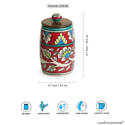 Mughal Drum Duo' Floral Hand-painted Multi Utility Storage Jars & Containers In Ceramic (Airtight | Set of 2 | 570 ML | 6.1 Inch)