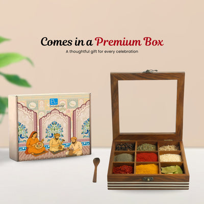 Hand Engraved Square Spice Box With Spoon In Sheesham Wood (9 Partitions, 80 ML)