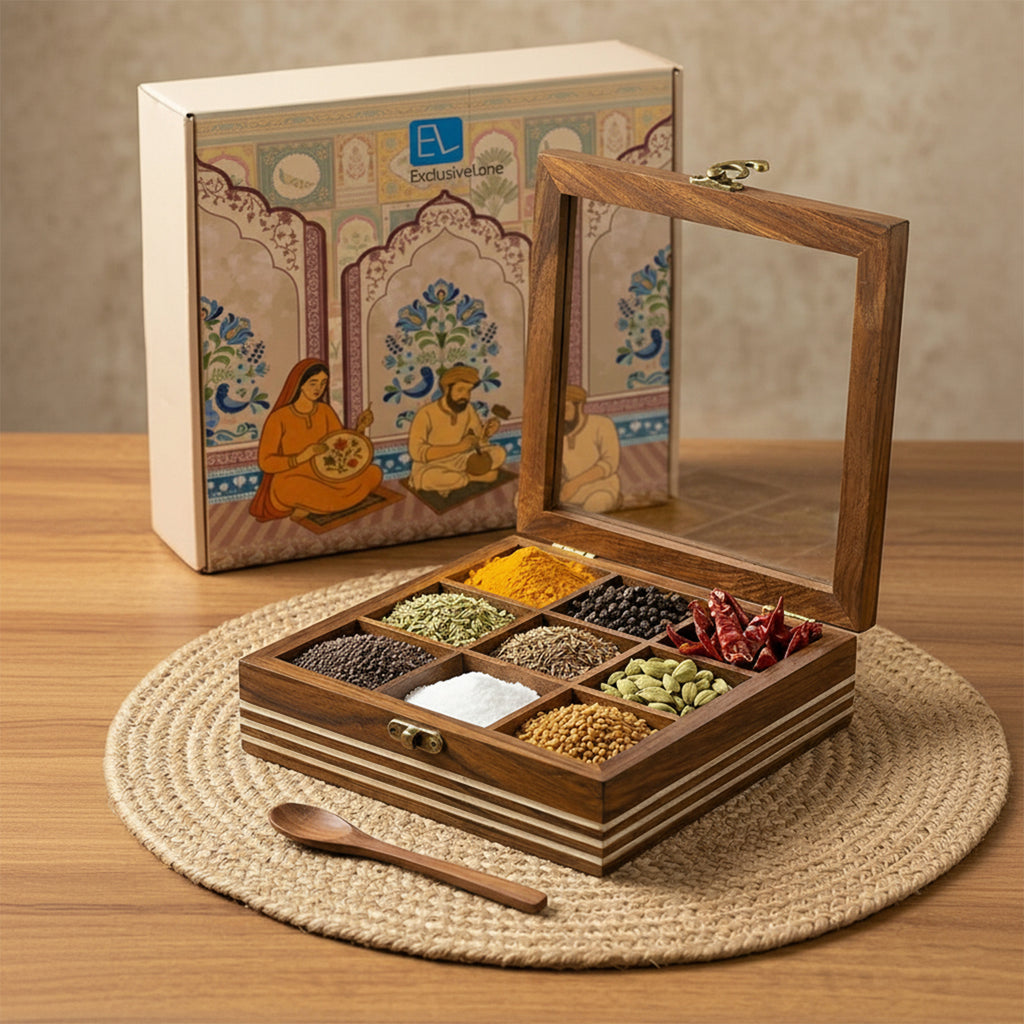 Hand Engraved Square Spice Box With Spoon In Sheesham Wood (9 Partitions, 80 ML)