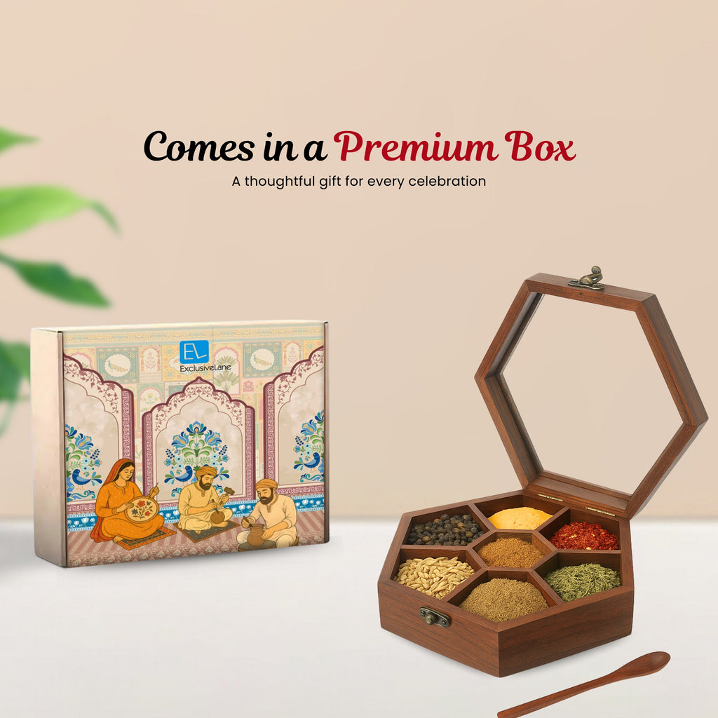 Handcrafted Hexagonal Spice Box With Spoon In Sheesham Wood (7 Partitions, 100 ML)