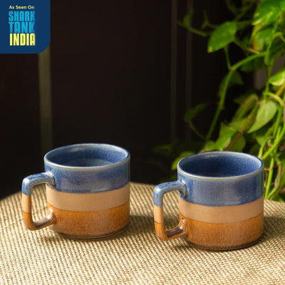 'Caramel Blues' Hand Glazed Studio Pottery Tea & Coffee Mugs In Ceramic (Set of 2, 360 ML, Microwave Safe)