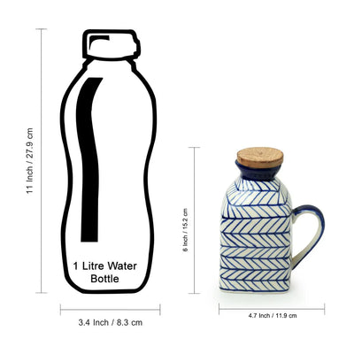 Indigo Chevron' Hand-painted Ceramic Milk & Water Jug (Non-airtight | 480 ML | Microwave Safe)
