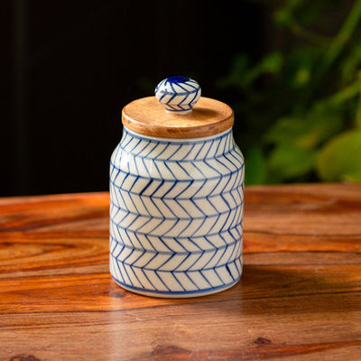 'Indigo Chevron' Hand-painted Ceramic Multi-utility Storage Jar & Container (Airtight, 470 ML, Microwave Safe)