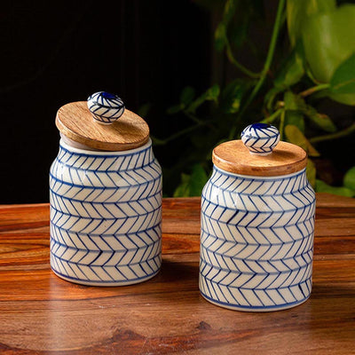 'Indigo Chevron' Hand-painted Ceramic Multi-utility Storage Jars & Containers (Airtight, Set of 2, 470 ML, Microwave Safe)