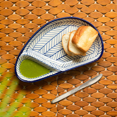 'Indigo Chevron Avocado' Hand-painted Ceramic Chip-N-Dip Serving Platter (Microwave Safe)
