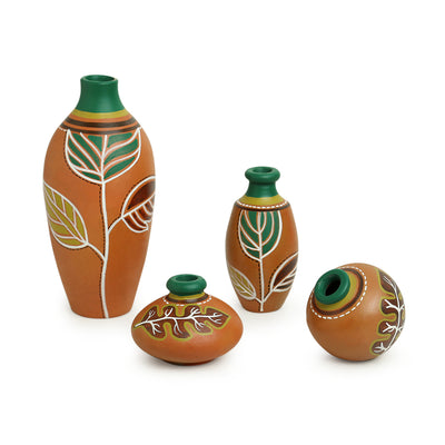Shades of a Leaf' Hand-Painted Terracotta Vases (Set of 4 | Earthen Pots)