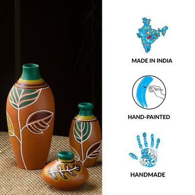 Shades of a Leaf' Hand-Painted Terracotta Vases (Set of 4 | Earthen Pots)
