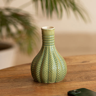 'Floral Sprout' Hand-Painted Decorative Ceramic Vase (Handglazed, 6.3 Inches)