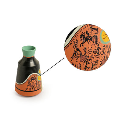 'Leafy Warli Tales' Hand-Painted Terracotta Vases (Set of 3, Black)