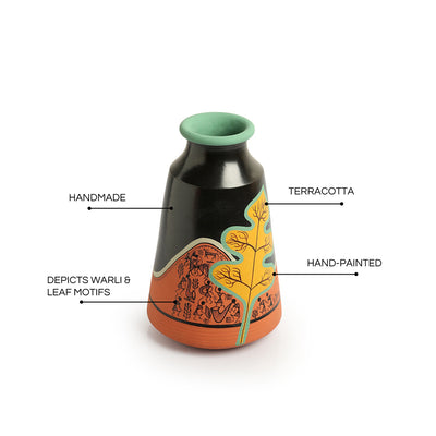 Leafy Warli Tales' Hand-Painted Terracotta Vases (Set of 3, Black)