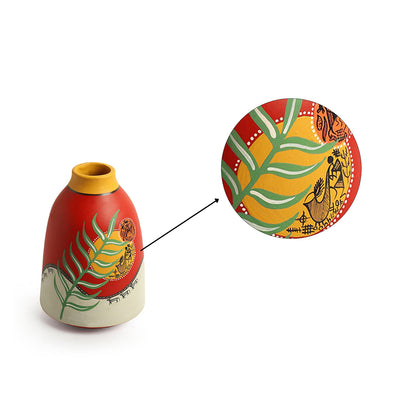 Leafy Warli Tales' Hand-Painted Terracotta Vases (Set of 2, Red)