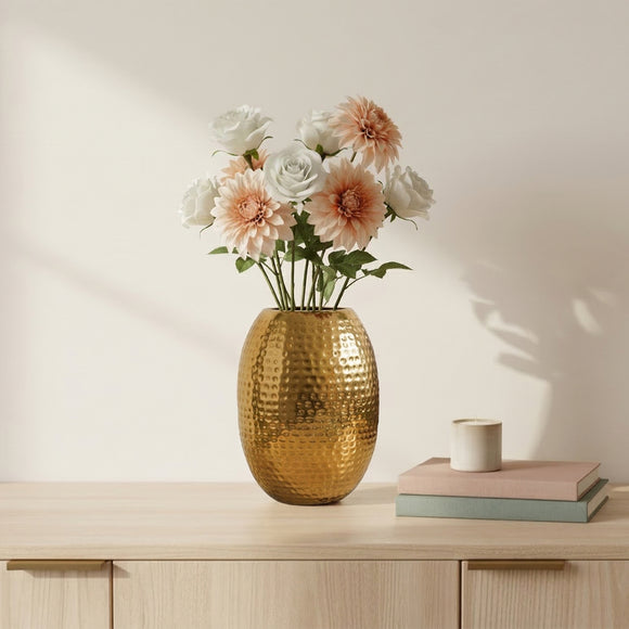 Golden Bloom' Oblong Decorative Metal Flower Vase (Metal, Hand-Hammered, 24.9 cm)