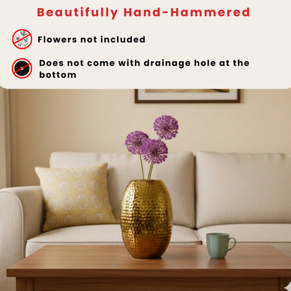 Golden Bloom' Oblong Decorative Metal Flower Vase (Metal, Hand-Hammered, 24.9 cm)