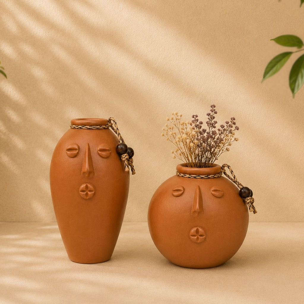 Earthen Duo Terracotta Decorative Vases (Set of 2, Earthen Brown, Handmade)