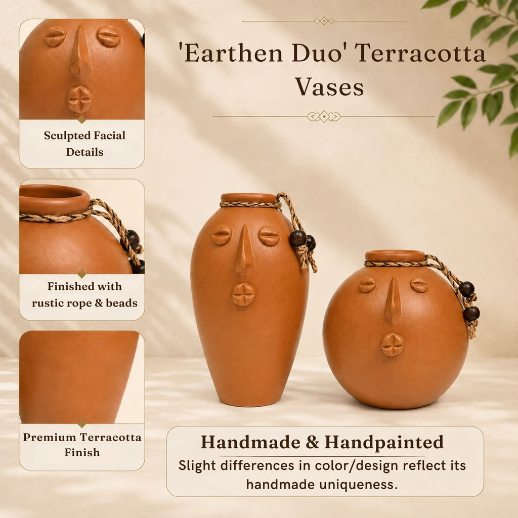 Earthen Duo Terracotta Decorative Vases (Set of 2, Earthen Brown, Handmade)