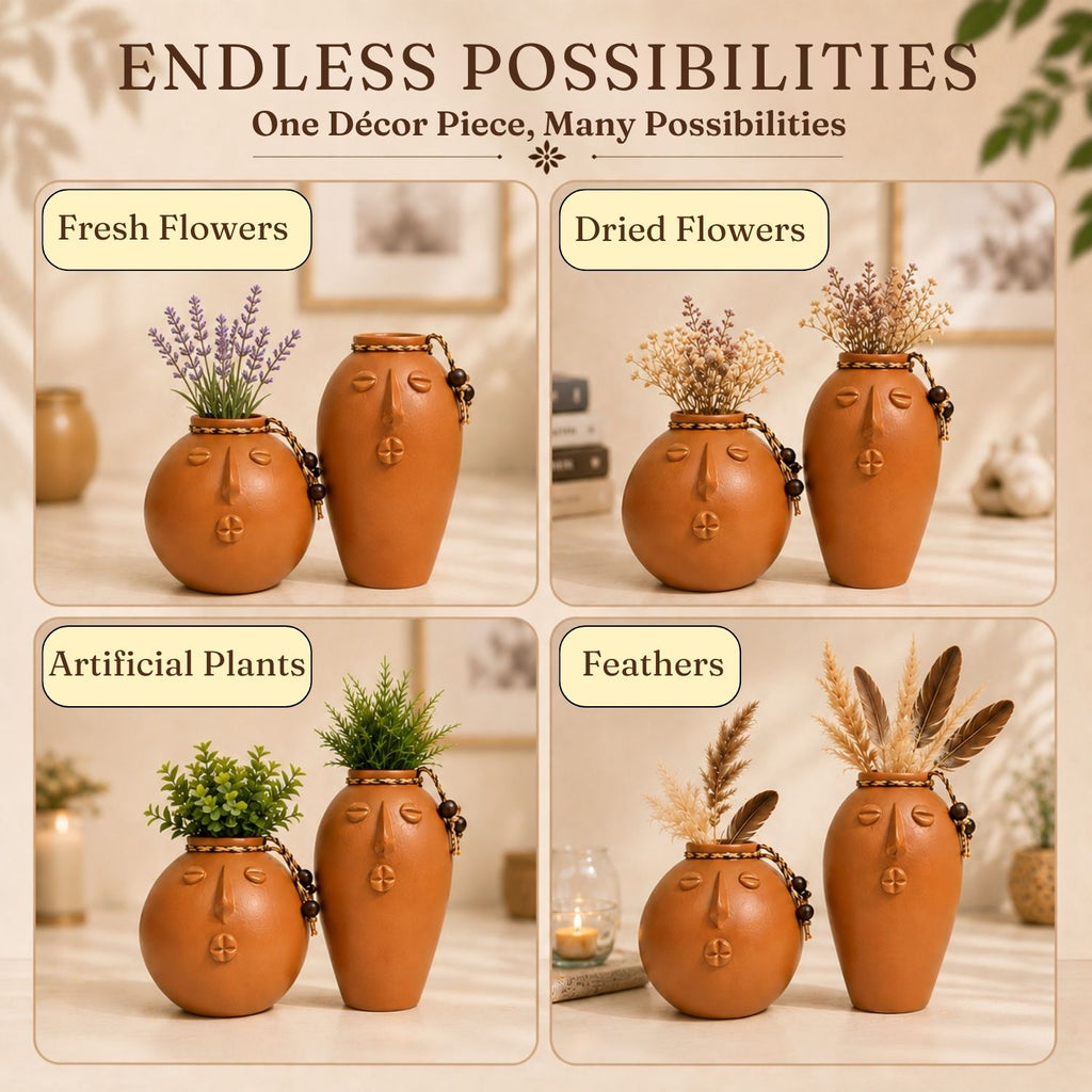 Earthen Duo Terracotta Decorative Vases (Set of 2, Earthen Brown, Handmade)