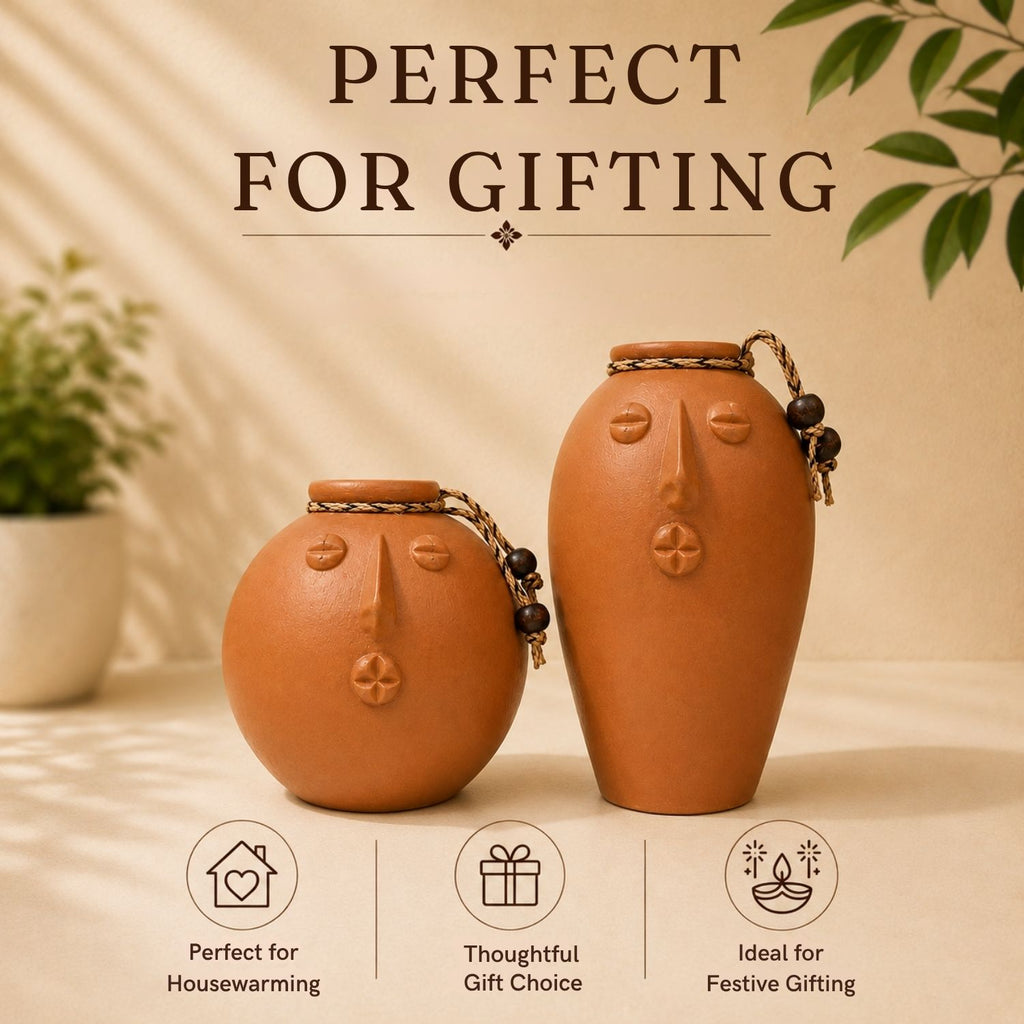 Earthen Duo Terracotta Decorative Vases (Set of 2, Earthen Brown, Handmade)