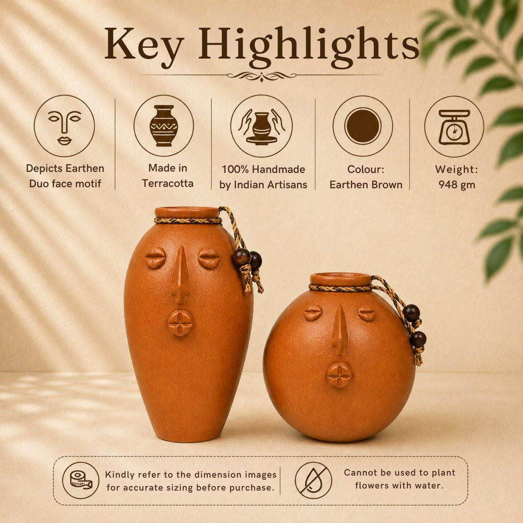 Earthen Duo Terracotta Decorative Vases (Set of 2, Earthen Brown, Handmade)