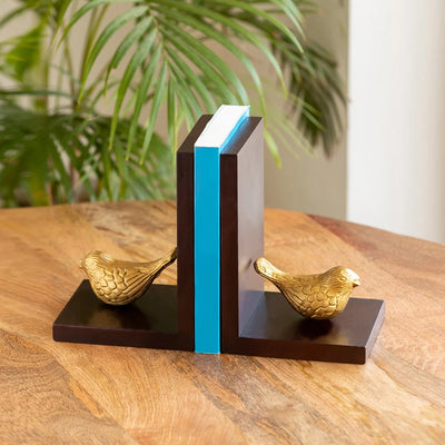 'Sitting Sparrows' Handcrafted Book Ends In Aluminium & Recycled Wood (Hand-Painted)