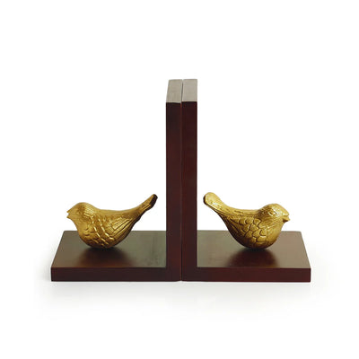 'Sitting Sparrows' Handcrafted Book Ends In Aluminium & Recycled Wood (Hand-Painted)