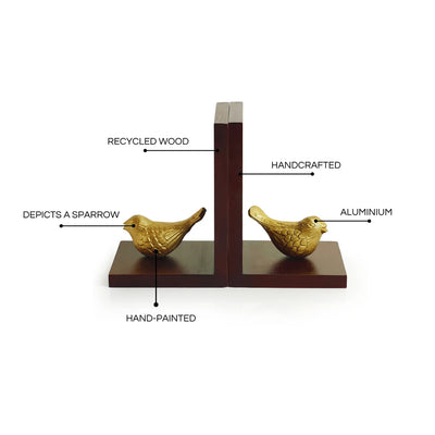 'Sitting Sparrows' Handcrafted Book Ends In Aluminium & Recycled Wood (Hand-Painted)