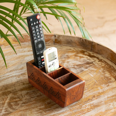 'Pyramid' Handcrafted Multiutility Remote Stand Organiser In Sheesham Wood (4 Sections, Pyrographed)