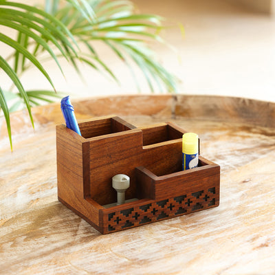 'Weaved Geometry' Pyrographed Table Stationery Organiser In Sheesham Wood
(4 Sections, Handcrafted)