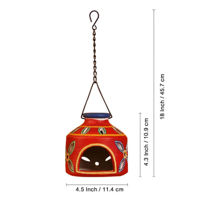 'The Glowing Matki' Terracotta Hanging Tea-Light Holder In Crimson Red