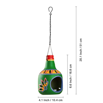 'The Earthern Bottle' Terracotta Hanging Tea-Light Holder In Dark Green