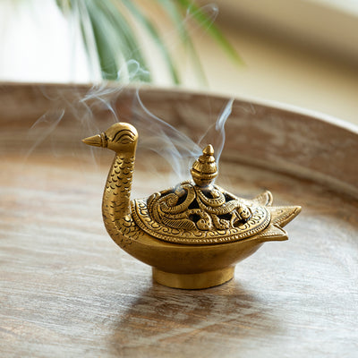 'Swan' Dhoop Dani Handcarved Brass Incense Burner (Hand-Etched, 4.3 Inches, 0.6 Kg)