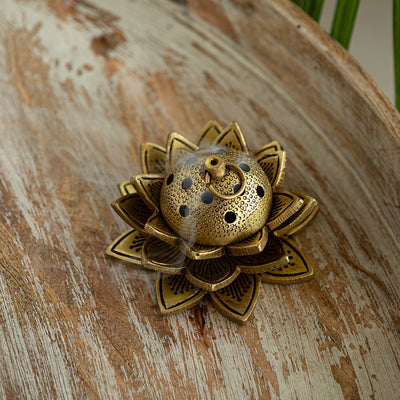 'Lotus' Dhoop Dani Handcarved Brass Incense Burner (Hand-Etched, 2.3 Inches, 0.58 Kg)