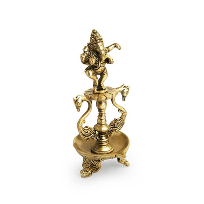 Handcarved 'Ganesha' Brass Diya (1 Wick, 7.9 Inches, 20 ml, 0.8 Kg, Hand-Etched)