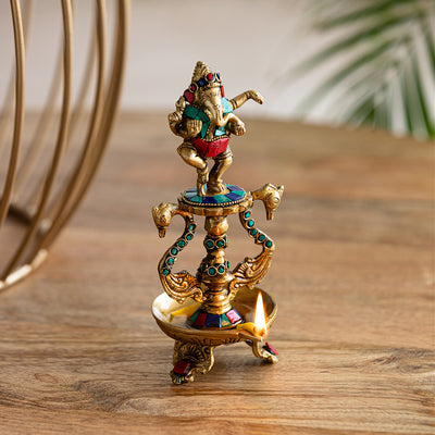 Handcarved 'Ganesha' Brass Diya With Gem Work (1 Wick, 7.9 Inches, 20 ml, 0.8 Kg, Hand-Etched)