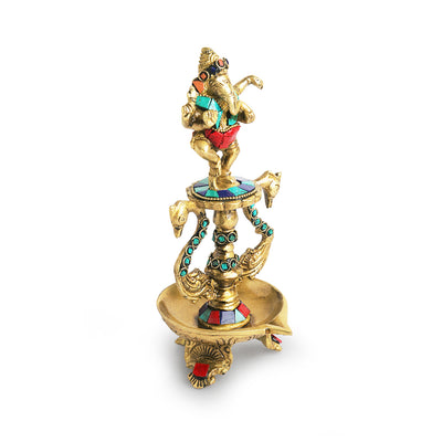 Handcarved 'Ganesha' Brass Diya With Gem Work (1 Wick, 7.9 Inches, 20 ml, 0.8 Kg, Hand-Etched)