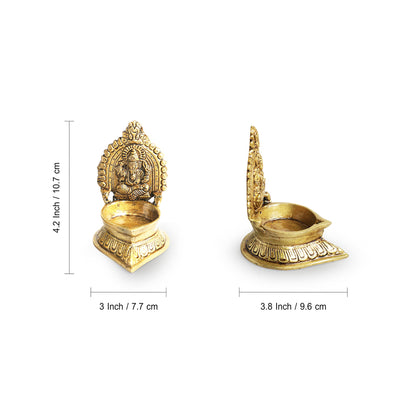 Handcarved 'Laxmi Ganesha Pair' Brass Diyas (Set of 2, Hand-Etched, 4.2 Inches, 20 ml, 1.16 Kg)