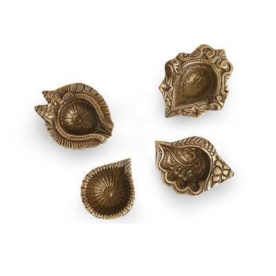 'Laxmi-Ganesh, Shankh Pushp' Handcarved Brass Diyas (Set of 4, Hand-Etched, 1.5 Inches, 15 & 10 ml, 0.68 Kg)