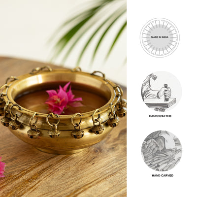 'Zeenat' Handcarved Brass Urli Bowl With Bells (15 cm, 600 ml, 0.94 Kg)