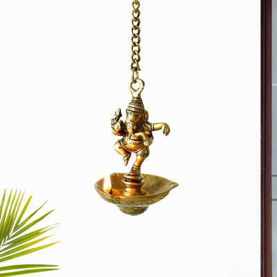 Handcarved 'Dancing Ganesh' Brass Hanging Diya (3 Wicks, 25 ml, 0.52 Kg, Hand-Etched)