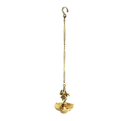 Handcarved 'Dancing Ganesh' Brass Hanging Diya (3 Wicks, 25 ml, 0.52 Kg, Hand-Etched)