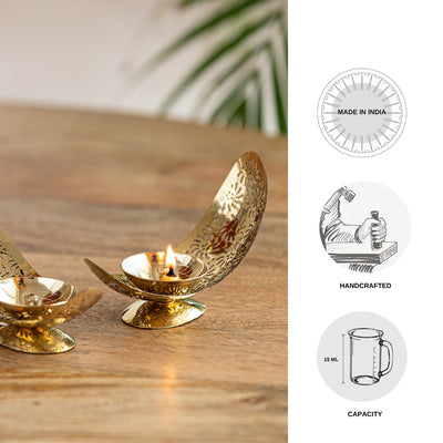 Curved Petals' Handcrafted Brass Diyas (Set of 2, Hand-Etched, 4.7 Inches, 15 ml, 0.08 Kg)