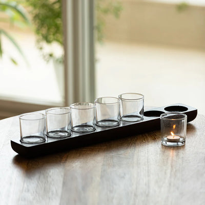 'Linear Flames' Tea Light Holder Centerpiece In Mango Wood & Glass (7 Votive Holders)