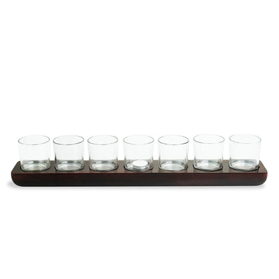 'Linear Flames' Tea Light Holder Centerpiece In Mango Wood & Glass (7 Votive Holders)