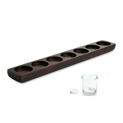 'Linear Flames' Tea Light Holder Centerpiece In Mango Wood & Glass (7 Votive Holders)