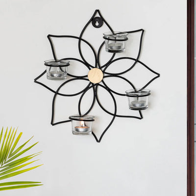 'Magnolia' Handcrafted Wall Sconce Tea Light Holder In Iron & Glass (4 Votive Holders)