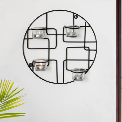 'Bauhaus Glass' Handcrafted Wall Sconce Tea Light Holder In Iron & Glass (4 Votive Holders)