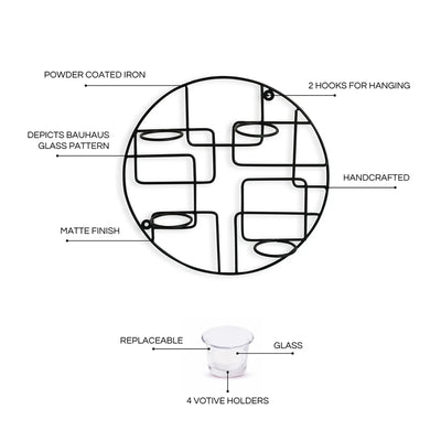 'Bauhaus Glass' Handcrafted Wall Sconce Tea Light Holder In Iron & Glass (4 Votive Holders)