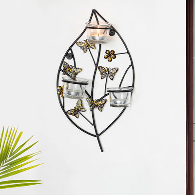 'Butterflies & Leaf' Handcrafted Wall Sconce Tea Light Holder In Iron & Glass (3 Votive Holders)