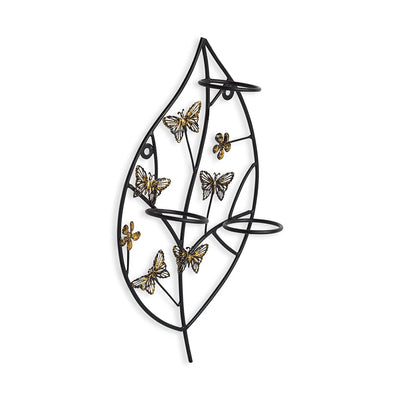 'Butterflies & Leaf' Handcrafted Wall Sconce Tea Light Holder In Iron & Glass (3 Votive Holders)