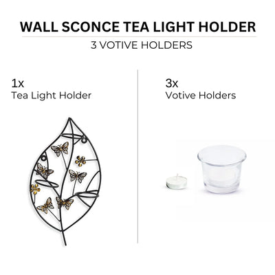 'Butterflies & Leaf' Handcrafted Wall Sconce Tea Light Holder In Iron & Glass (3 Votive Holders)