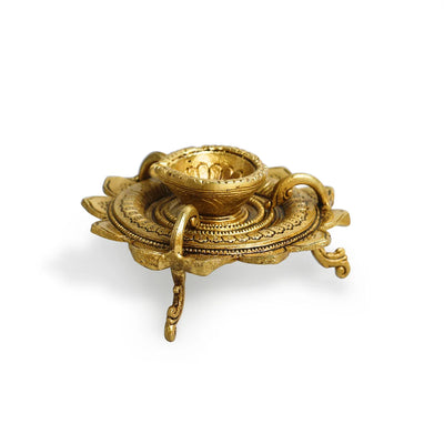 'Lotus Flower' Decorative Pure Brass Diya (2.4 Inch, 5 ml, 0.5 Kg, Handcarved)